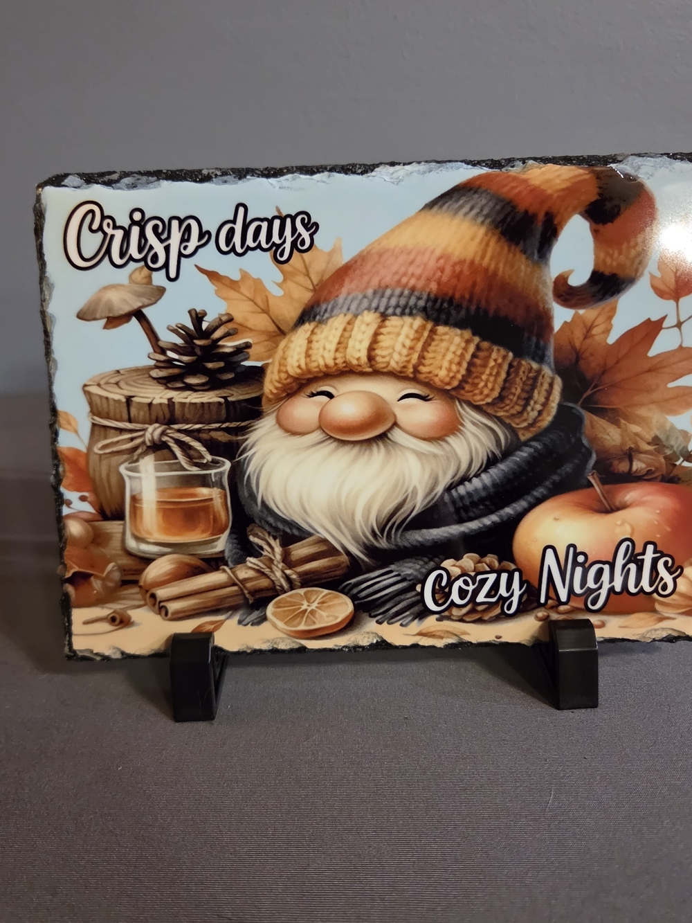 Fall Gnome Slate Plaque Crisp Days Cozy Nights Autumn Decor 6x8